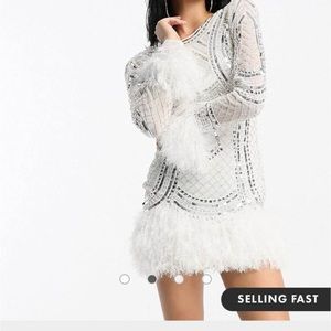 ASOS long sleeve embellished sequin mini dress with faux feather trim white